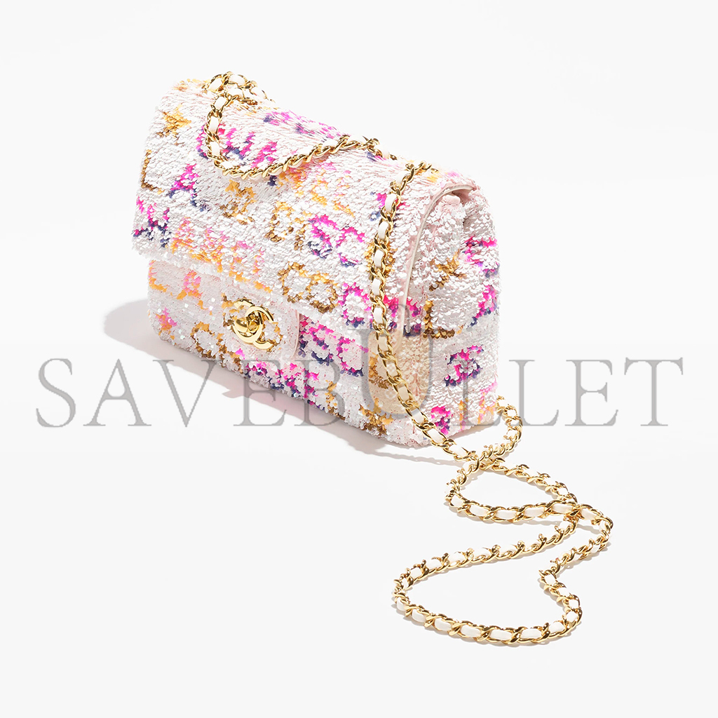 CHANEL SEQUIN LOGO CC SMALL SINGLE FLAP WHITE MULTICOLOR (20*13*6cm) 